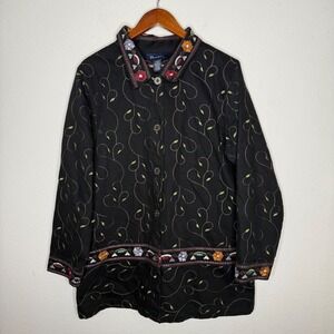 Denim & Co. Black Floral Embroidered Button Up Jacket Women's Large
